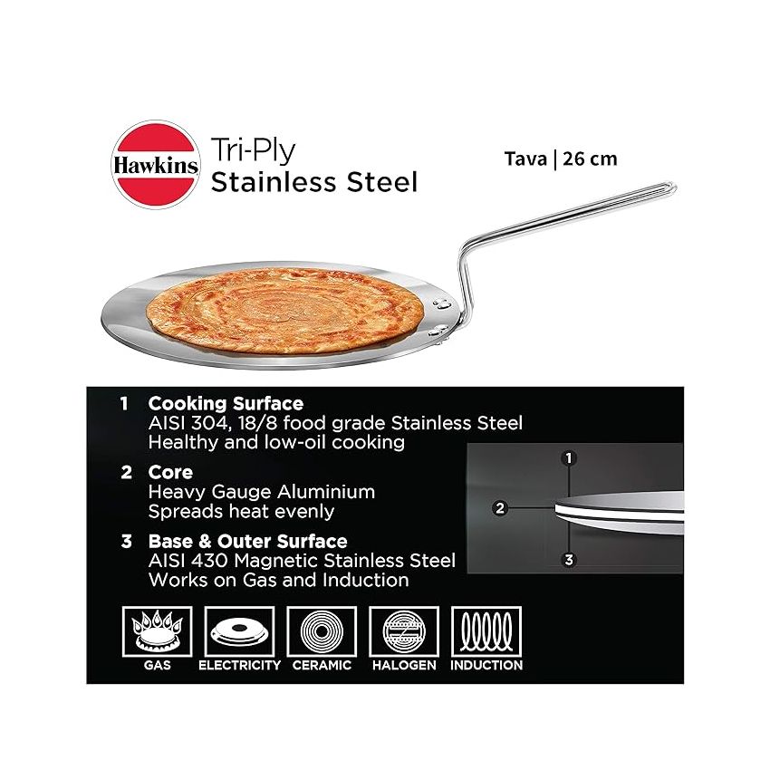 Hawkins Tri-Ply Stainless Steel Tava 26 cm, 3.5mm Induction Compatible