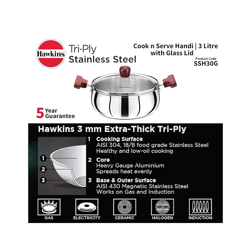 Hawkins Tri-Ply Stainless Steel Induction Compatible Cook n Serve Handi, Capacity 3 L, Diameter 22 cm & Tri-Ply Stainless Steel Induction Compatible Deep-Fry Pan, Capacity 2.5 L, Diameter 26 cm