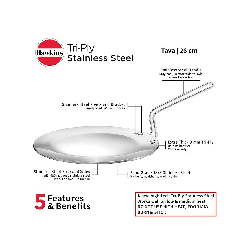 Hawkins Tri-Ply Stainless Steel Tava 26 cm, 3.5mm Induction Compatible