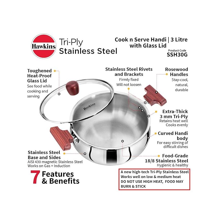 Hawkins Tri-Ply Stainless Steel Induction Compatible Cook n Serve Handi, Capacity 3 L, Diameter 22 cm & Tri-Ply Stainless Steel Induction Compatible Deep-Fry Pan, Capacity 2.5 L, Diameter 26 cm