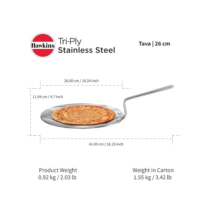 Hawkins Tri-Ply Stainless Steel Tava 26 cm, 3.5mm Induction Compatible