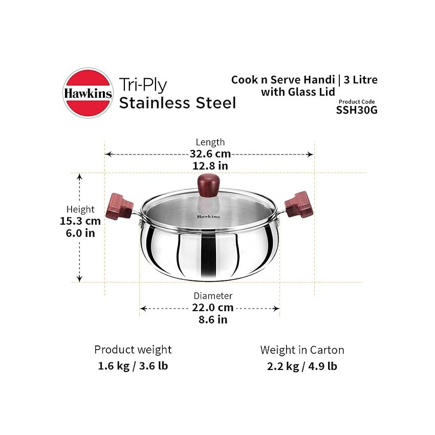 Hawkins Tri-Ply Stainless Steel Induction Compatible Cook n Serve Handi, Capacity 3 L, Diameter 22 cm & Tri-Ply Stainless Steel Induction Compatible Deep-Fry Pan, Capacity 2.5 L, Diameter 26 cm
