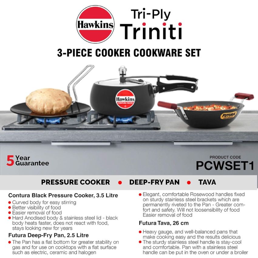 Hawkins Triniti Kitchen Set (Tava, Deep-Fry Pan, Inner Lid Pressure Cooker), Black (PCWSET1), Hard Anodised Aluminium