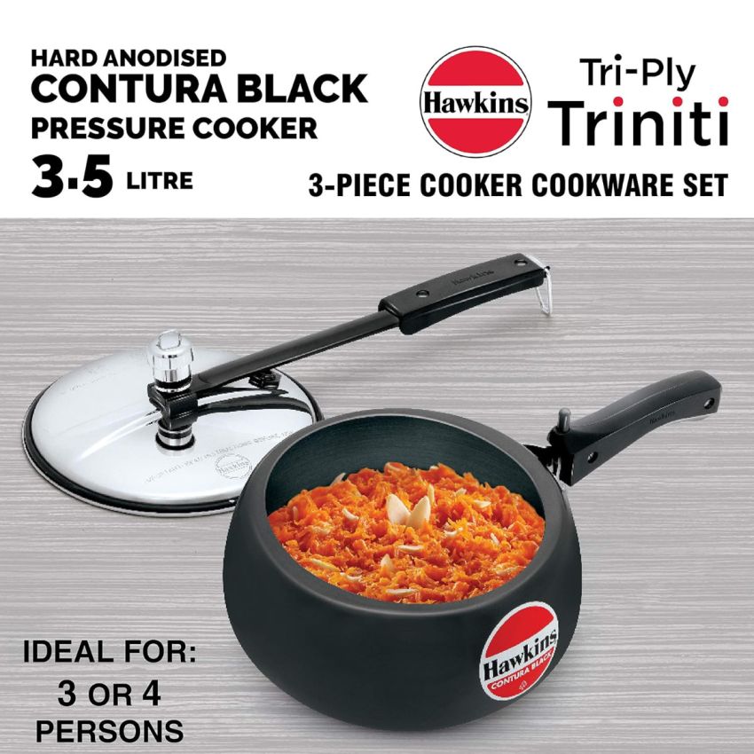 Hawkins Triniti Kitchen Set (Tava, Deep-Fry Pan, Inner Lid Pressure Cooker), Black (PCWSET1), Hard Anodised Aluminium