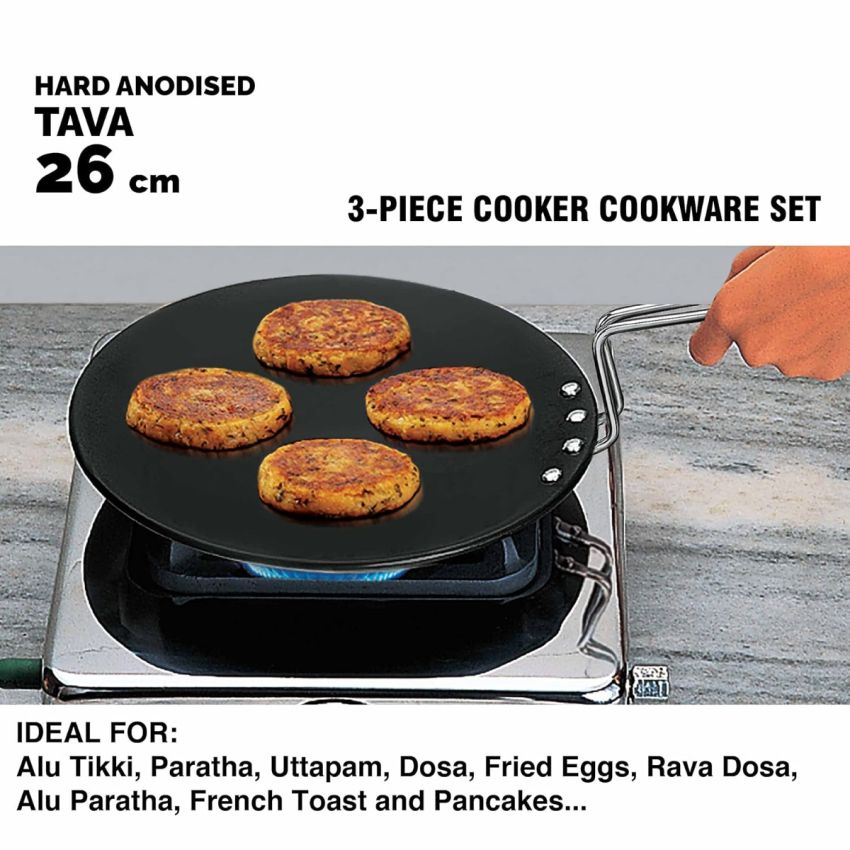 Hawkins Triniti Kitchen Set (Tava, Deep-Fry Pan, Inner Lid Pressure Cooker), Black (PCWSET1), Hard Anodised Aluminium