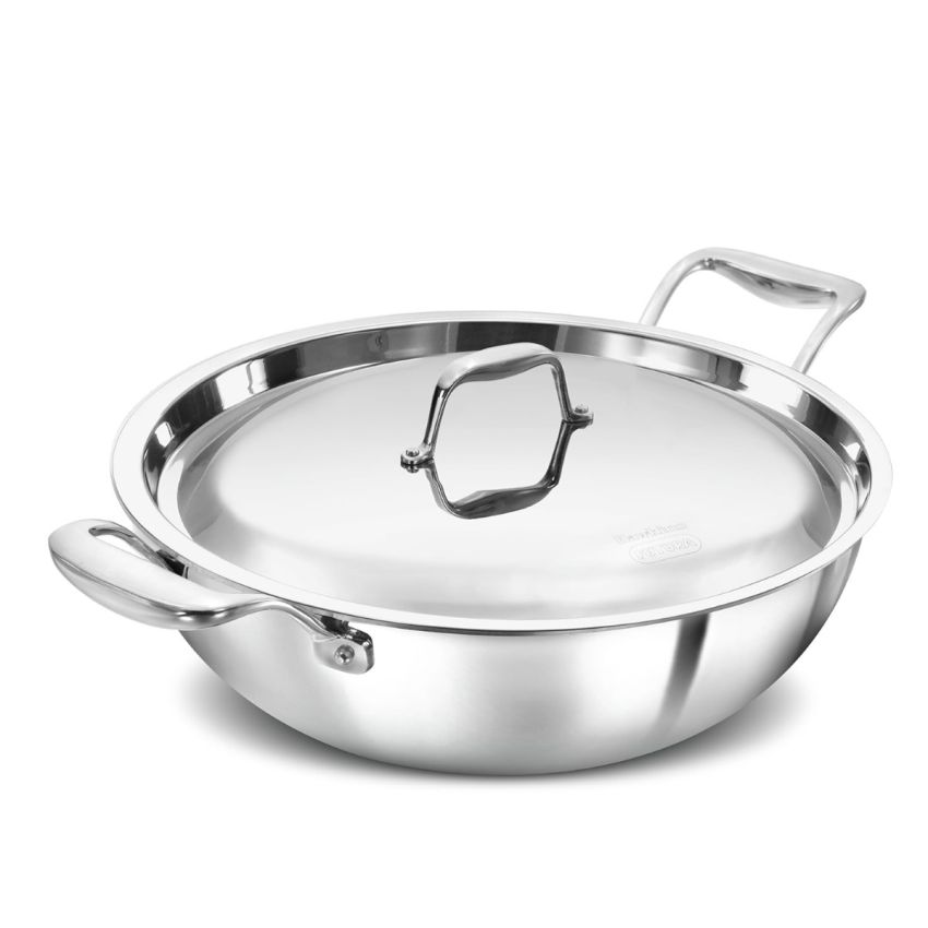 Hawkins Pro 5 Litre Deep-Fry Pan, Triply Stainless Steel Kadhai with Stainless Steel Handles and Stainless Steel Lid, Silver (PSK50S)
