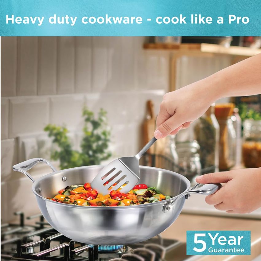 Hawkins Pro 5 Litre Deep-Fry Pan, Triply Stainless Steel Kadhai with Stainless Steel Handles and Stainless Steel Lid, Silver (PSK50S)