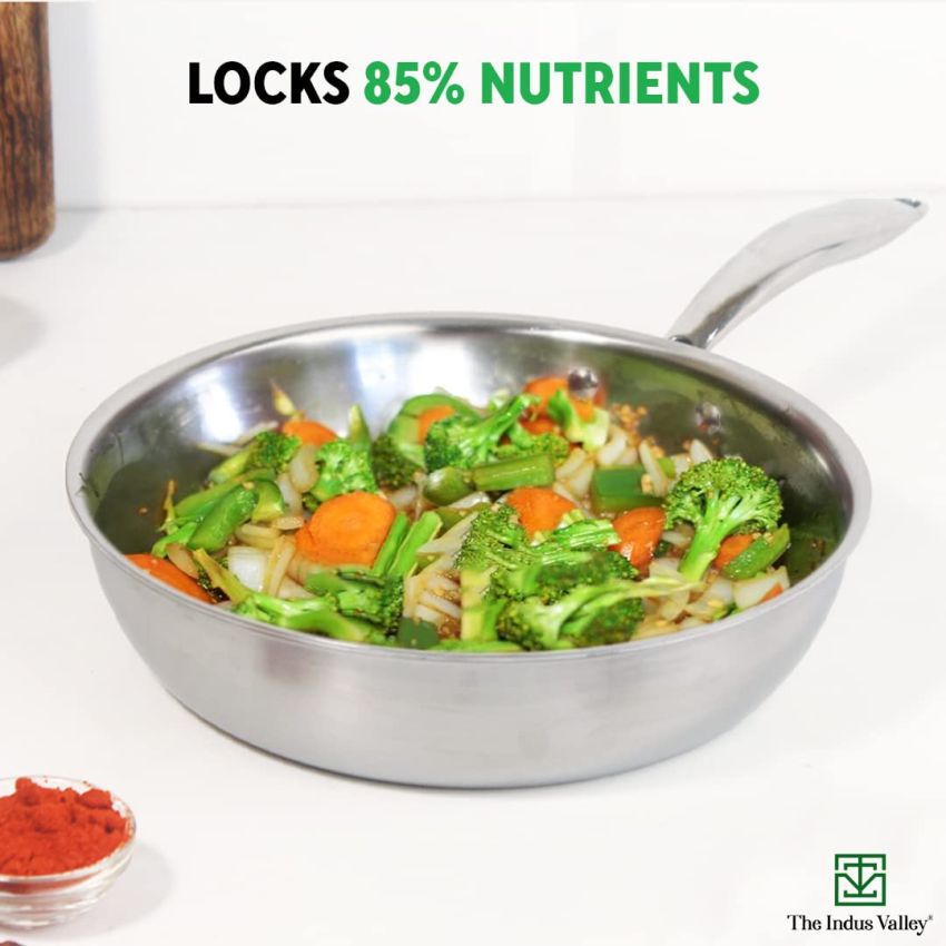 The Indus Valley Triply Stainless Steel Deep Fry Pan | Small, 22.1cm/8.7 inch, 1.6Ltr, 0.9kg | Induction Friendly | Nonstick 3-Layer Body, 100% Pure & Toxin-Free, No Chemical Coating