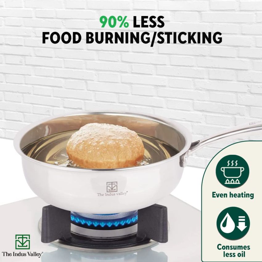 The Indus Valley Triply Stainless Steel Deep Fry Pan | Small, 22.1cm/8.7 inch, 1.6Ltr, 0.9kg | Induction Friendly | Nonstick 3-Layer Body, 100% Pure & Toxin-Free, No Chemical Coating
