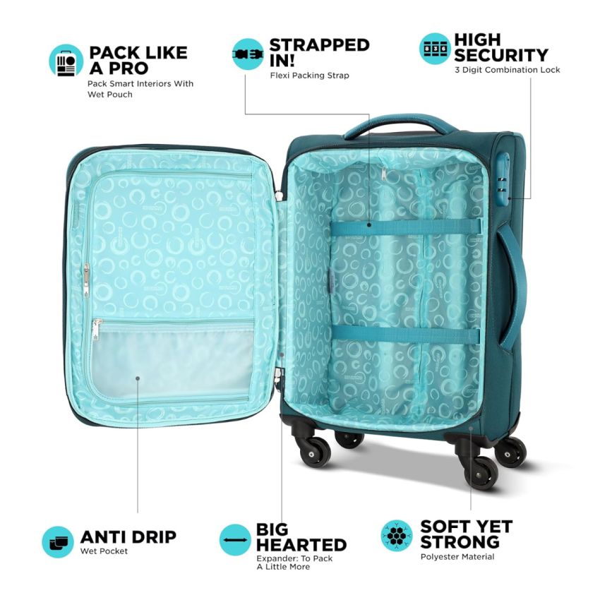 American Tourister Icor (Medium) 70Cms|Carry On Trolley Bag for Travel|Wet Pocket|Expandable|Polyester Luggage|Combination Lock|4 Spinner Wheel Suitcase for Men & Women (Teal)|Light Weight & Durable