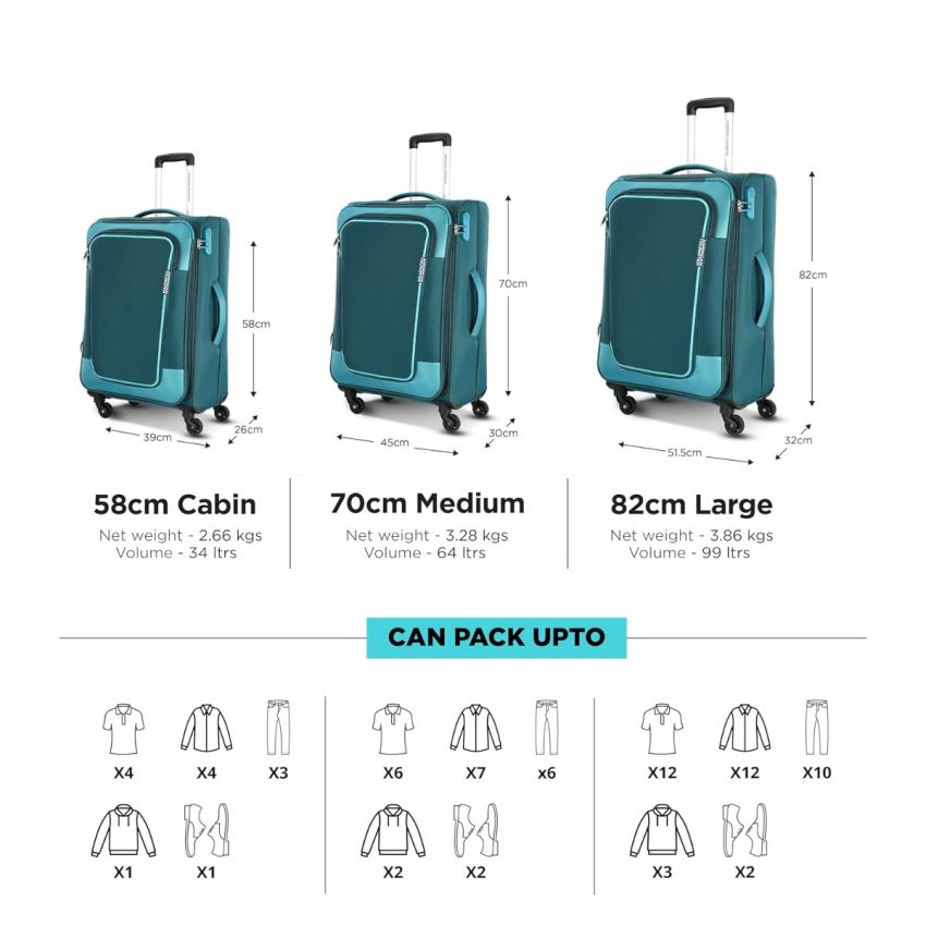 American Tourister Icor (Medium) 70Cms|Carry On Trolley Bag for Travel|Wet Pocket|Expandable|Polyester Luggage|Combination Lock|4 Spinner Wheel Suitcase for Men & Women (Teal)|Light Weight & Durable