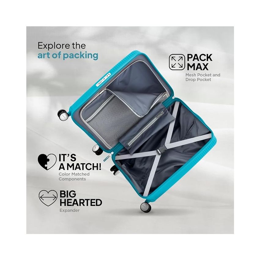 American Tourister Trolley Bag for Travel | CURIO Spinner 67 Cms Polypropylene Expandable Hardsided Medium Check-in Luggage Bag | Suitcase for Travel | Trolley Bag for Travelling, Turquoise