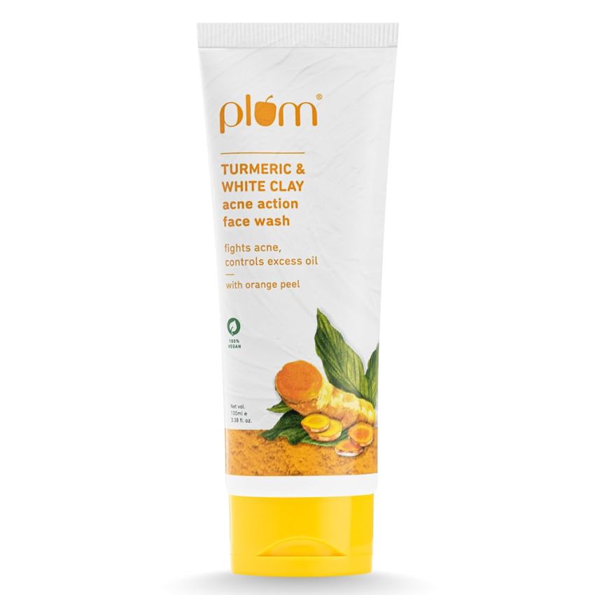 Plum Turmeric & White Clay Acne Action Face Wash | Fights Acne & Controls Excess Oil | With Turmeric, White Clay & Orange Peel | Non-Drying, Clay-Based, Sulphate-Free Face Wash | 100% Vegan