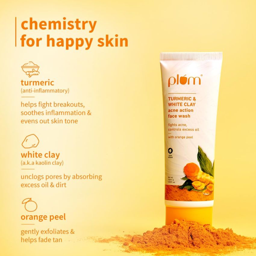 Plum Turmeric & White Clay Acne Action Face Wash | Fights Acne & Controls Excess Oil | With Turmeric, White Clay & Orange Peel | Non-Drying, Clay-Based, Sulphate-Free Face Wash | 100% Vegan