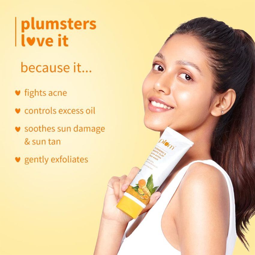 Plum Turmeric & White Clay Acne Action Face Wash | Fights Acne & Controls Excess Oil | With Turmeric, White Clay & Orange Peel | Non-Drying, Clay-Based, Sulphate-Free Face Wash | 100% Vegan