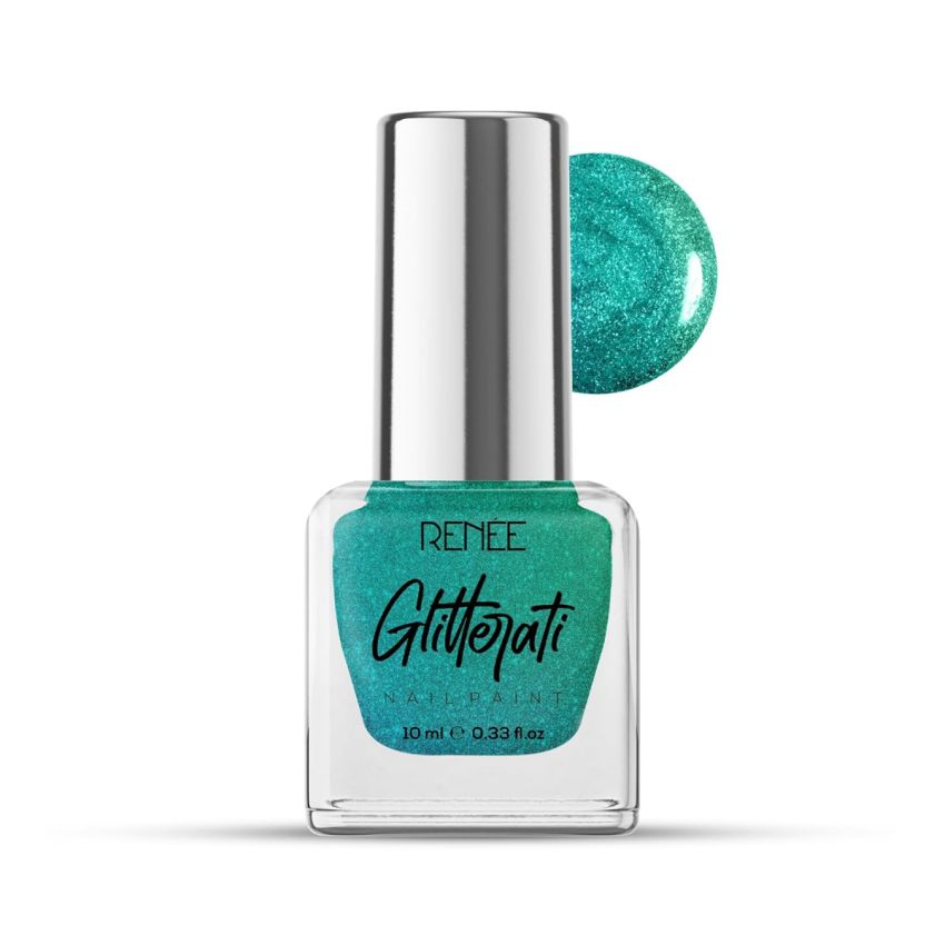 RENEE Glitterati Nail Paint- Turquoise Hue 10ml | Quick Drying, Glittery Finish, Long Lasting, Chip resisting Formula with High Glitter & Full Coverage | Acetone & Paraben Free