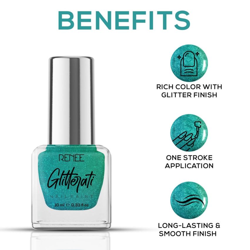 RENEE Glitterati Nail Paint- Turquoise Hue 10ml | Quick Drying, Glittery Finish, Long Lasting, Chip resisting Formula with High Glitter & Full Coverage | Acetone & Paraben Free