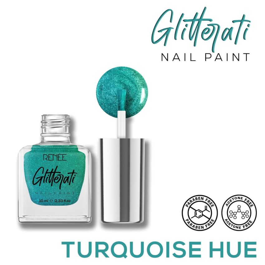 RENEE Glitterati Nail Paint- Turquoise Hue 10ml | Quick Drying, Glittery Finish, Long Lasting, Chip resisting Formula with High Glitter & Full Coverage | Acetone & Paraben Free
