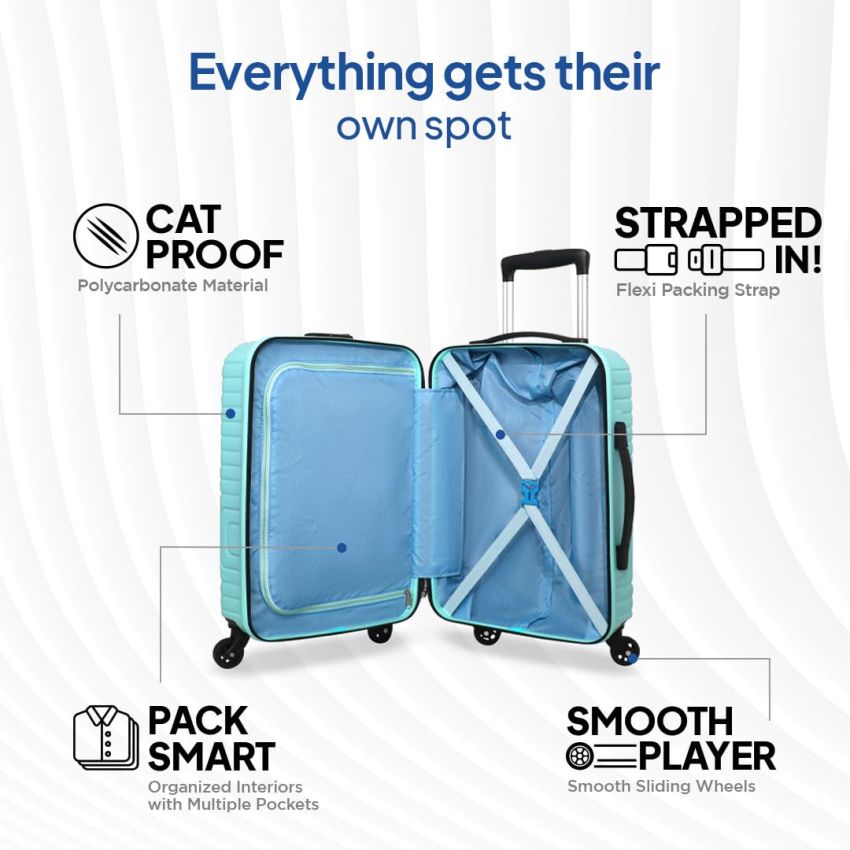 American Tourister Ivy Nxt 55Cm Small Hardside Polycarbonate Cabin Suitcase with Multi-Stage Telescopic 4 Wheels Spinner Trolley and Mounted TSA Lock for Women & Men - Pale Turq
