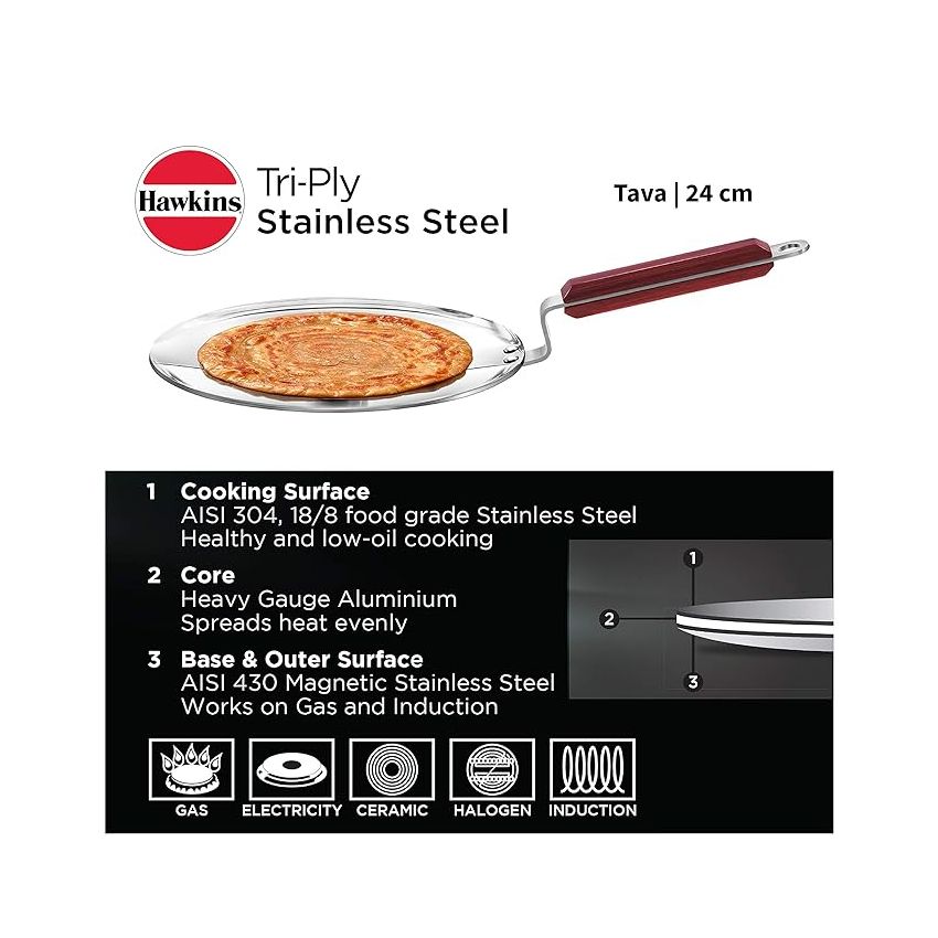 Hawkins 24 cm Tava, Triply Stainless Steel Tawa with Stainless Steel Handle, Induction Tawa, Silver (SSTV24)
