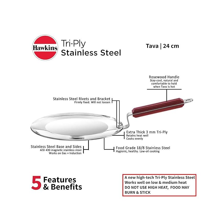 Hawkins 24 cm Tava, Triply Stainless Steel Tawa with Stainless Steel Handle, Induction Tawa, Silver (SSTV24)