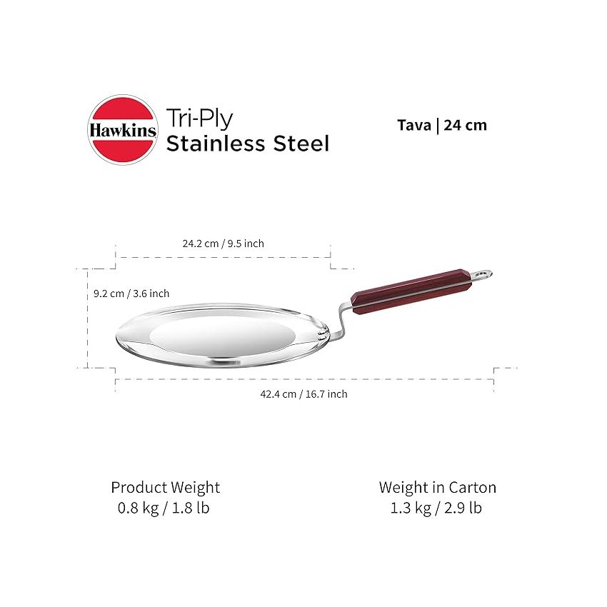 Hawkins 24 cm Tava, Triply Stainless Steel Tawa with Stainless Steel Handle, Induction Tawa, Silver (SSTV24)