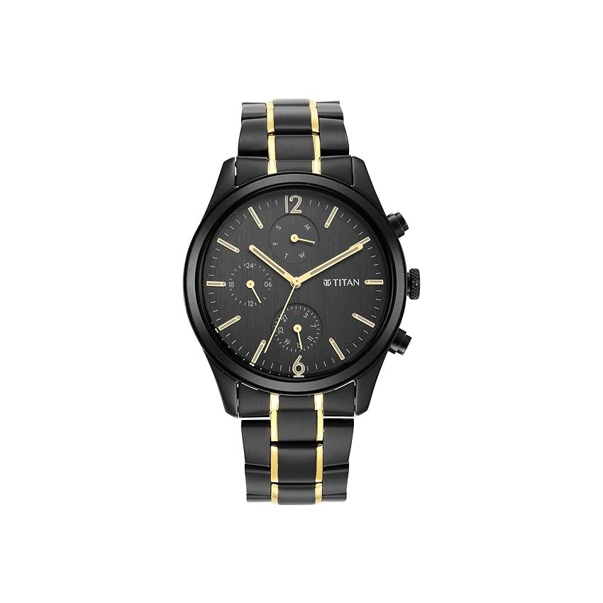 Titan Black and Gold Gray Dial Analog Stainless Steel Strap Watch for Men-NS1805KM03/NT1805KM03