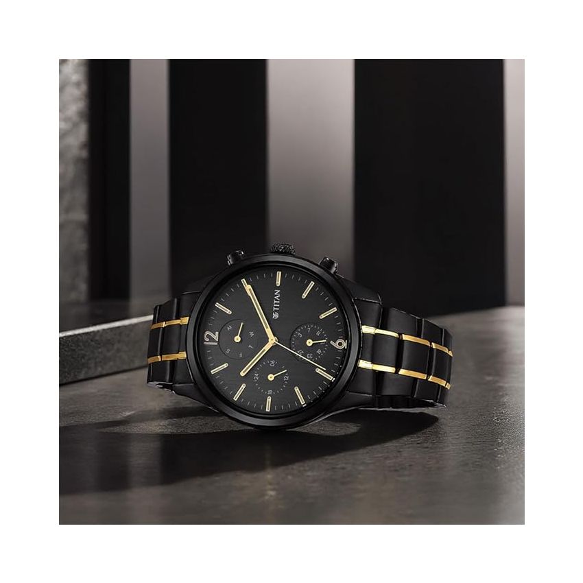 Titan Black and Gold Gray Dial Analog Stainless Steel Strap Watch for Men-NS1805KM03/NT1805KM03