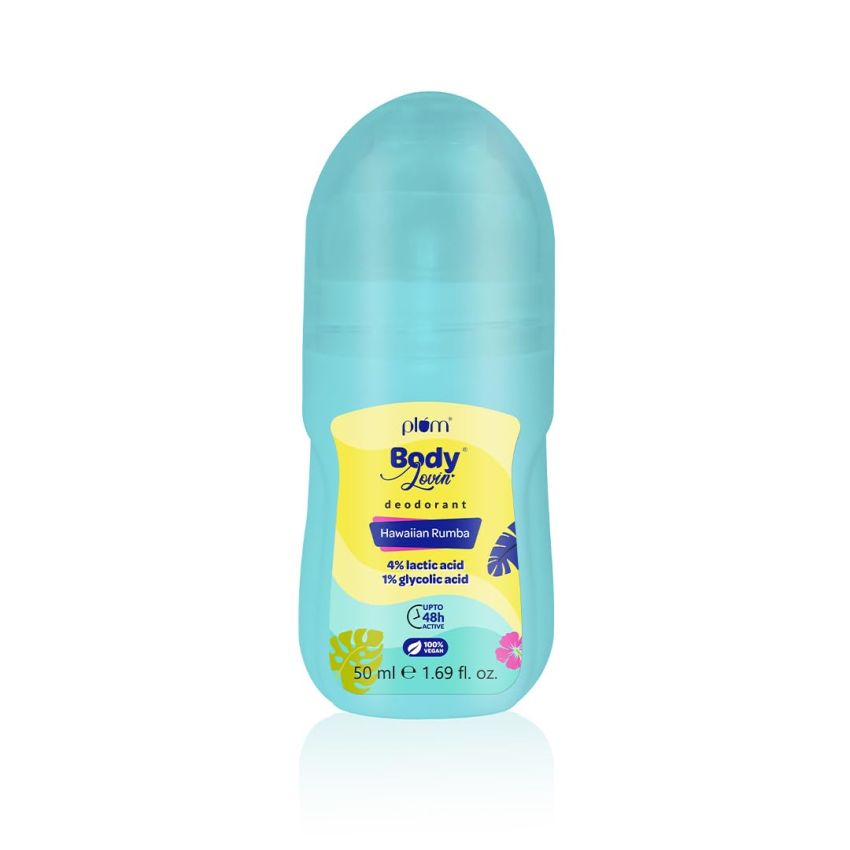 Plum BodyLovin' Hawaiian Rumba Deodorant Roll On | 4% Lactic Acid & 1% Glycolic Acid | Controls Odor & Fades Underarm Darkness | 48 Hr Freshness | Fresh Beachy Fragrance | Aluminium-Free (50 ml)