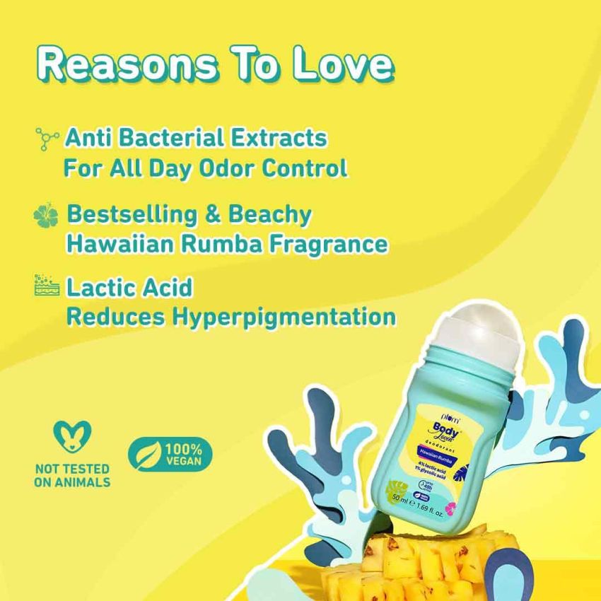 Plum BodyLovin' Hawaiian Rumba Deodorant Roll On | 4% Lactic Acid & 1% Glycolic Acid | Controls Odor & Fades Underarm Darkness | 48 Hr Freshness | Fresh Beachy Fragrance | Aluminium-Free (50 ml)