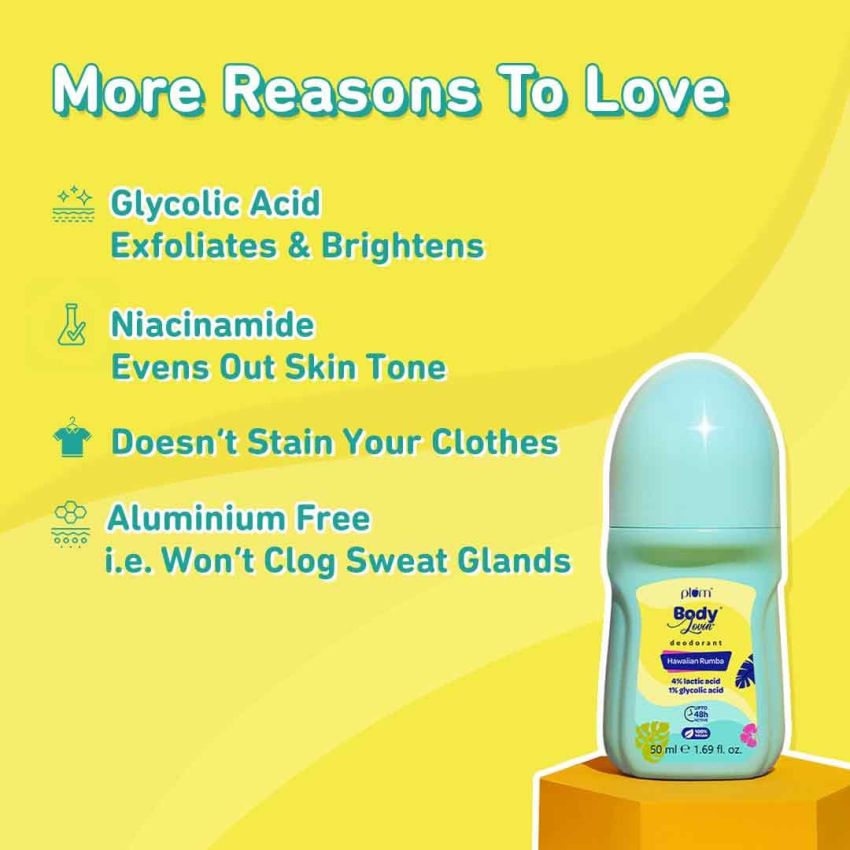 Plum BodyLovin' Hawaiian Rumba Deodorant Roll On | 4% Lactic Acid & 1% Glycolic Acid | Controls Odor & Fades Underarm Darkness | 48 Hr Freshness | Fresh Beachy Fragrance | Aluminium-Free (50 ml)