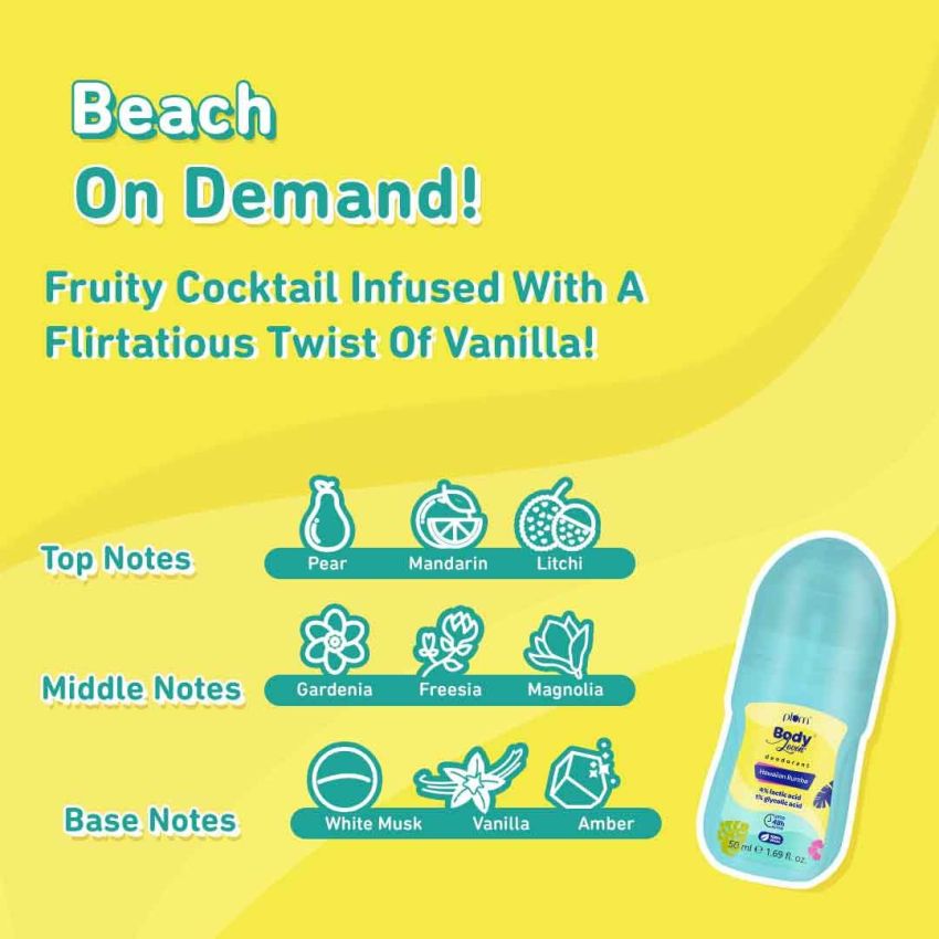 Plum BodyLovin' Hawaiian Rumba Deodorant Roll On | 4% Lactic Acid & 1% Glycolic Acid | Controls Odor & Fades Underarm Darkness | 48 Hr Freshness | Fresh Beachy Fragrance | Aluminium-Free (50 ml)