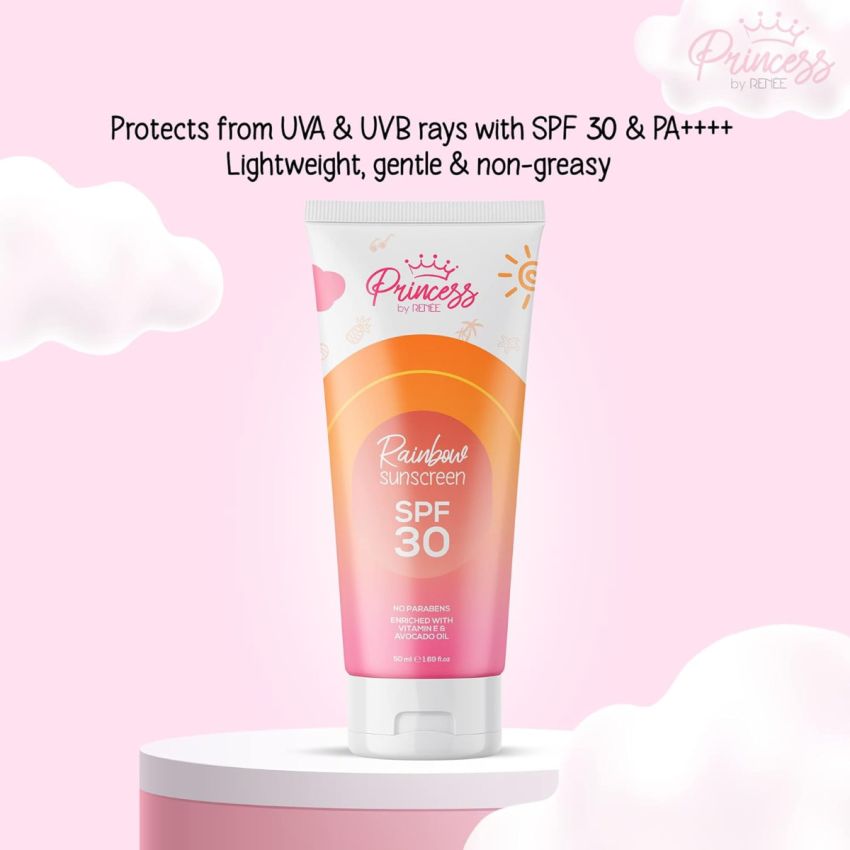 Princess By RENEE Rainbow Sunscreen With SPF 30, 50ml | UVA & UVB Protection, Lightweight, Gentle & Non-greasy | Enriched with Olive, Carrot Seed, Avocado & Vitamin E Oil