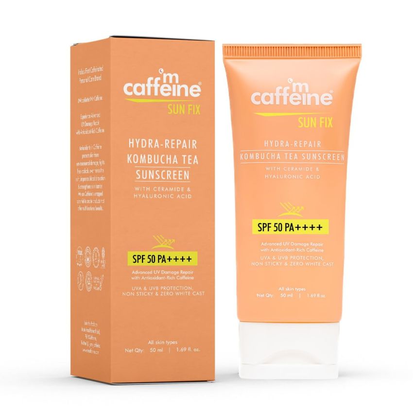 mCaffeine Kombucha Hydra Repair Sunscreen SPF50 PA++++ | UVA & UVB Protection, No White Cast | Hyaluronic Acid, Ceramides Sunscreen for Hydration & Barrier Repair | All Skin Types - 50ml