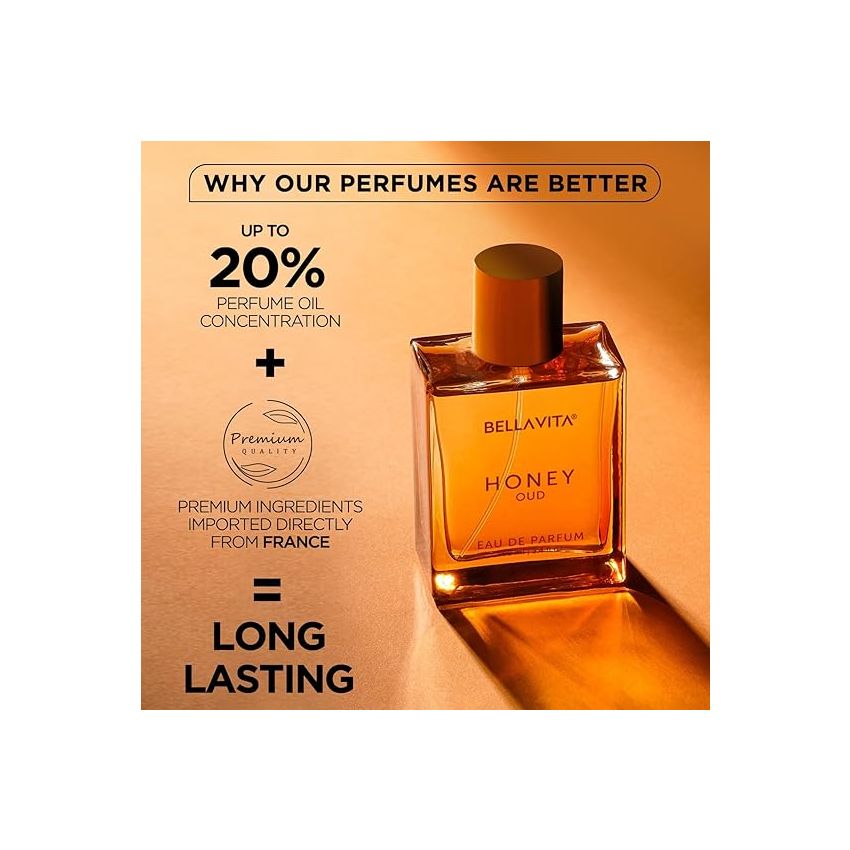 Bella Vita Luxury Honey Oud Unisex Eau De Parfum With Bergamot, Patchouli, Vanilla Premium, Long Lasting Sweet & Spicy Liquid Fragrance, 100ml