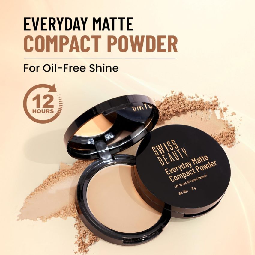 SWISS BEAUTY Everyday Matte Lightweight Compact For All Skin Types With Spf 10 | 12 Hours Of Oil Control | Mattifies Pores And Fine Lines | Comes With Sponge Applicator | Shade- Vanilla, 9 Gram,Beige