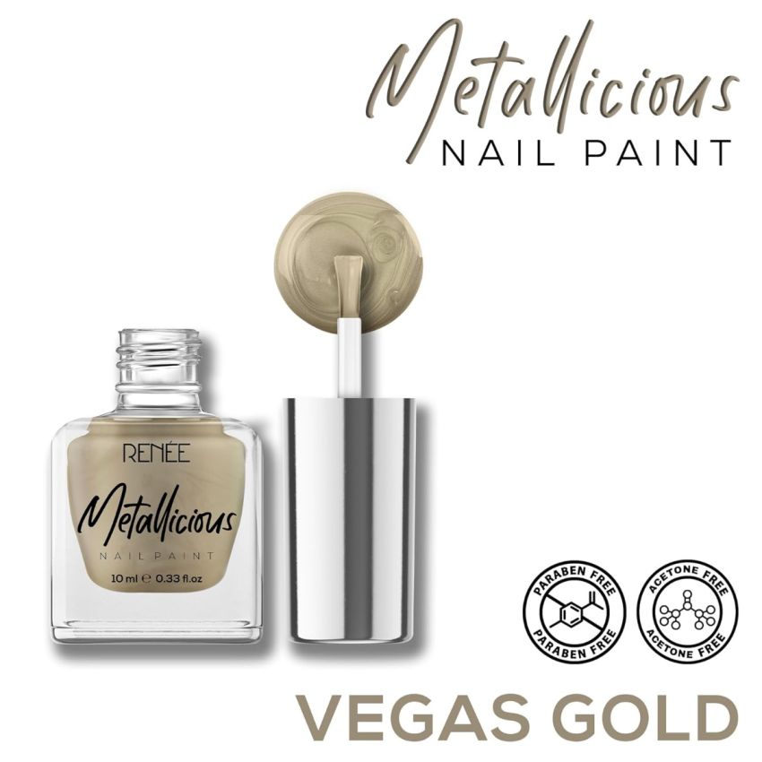RENEE Metallicious Nail Paint-Vegas Gold 10ml | Quick Drying, Metallic Finish, Long Lasting, Chip resisting Formula with High Shine & Full Coverage | Acetone & Paraben Free