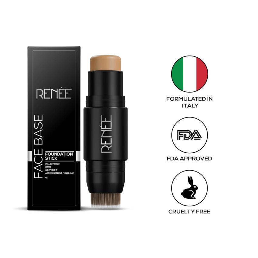 RENEE Face Base Foundation Stick - Vienna, 8gm| Enriched with White Clay, Weightless, Long-lasting, Velvet Matte Finish formula Provides Full Coverage