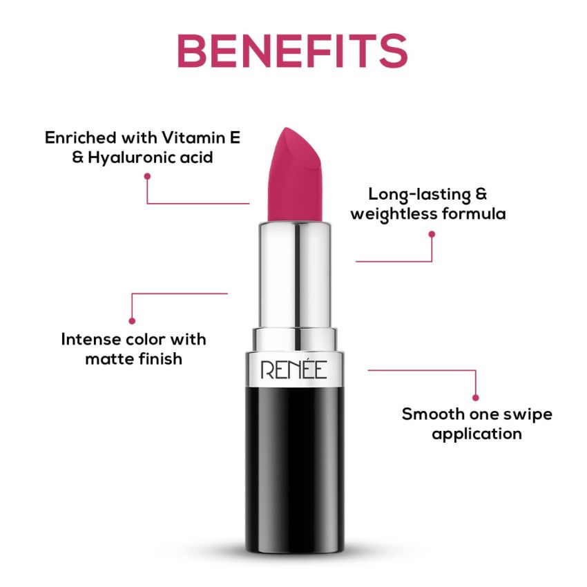 RENEE Stunner Matte Lipstick - Dare You 4gm| Intense Color Pay Off, Full Coverage Long Lasting Weightless Velvety Formula with One Swipe Application| Enriched with Vitamin E & Hyaluronic Acid