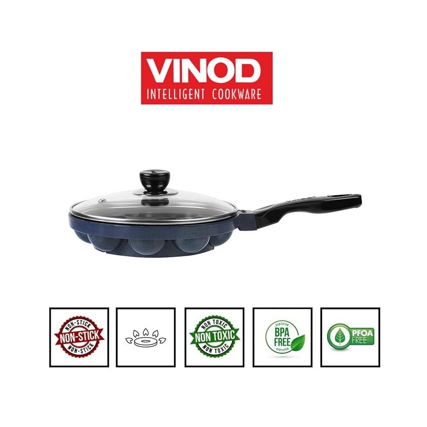 Vinod Zest Aluminium Non Stick Paniyarakal With Glass Lid - 12 Cavities, 20.5Cm | 3Mm Thick | 3 Layer Coating | Metal Spoon Friendly |Toxin Free | 1 Year Warranty - Black