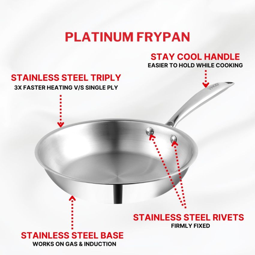 Vinod Platinum Triply Stainless Steel Frypan 20 cm | 2.5 mm Thick | Steel Pan | Scratch Resistant | 5 Year Warranty | Induction & Gas Friendly, Heavy Bottom