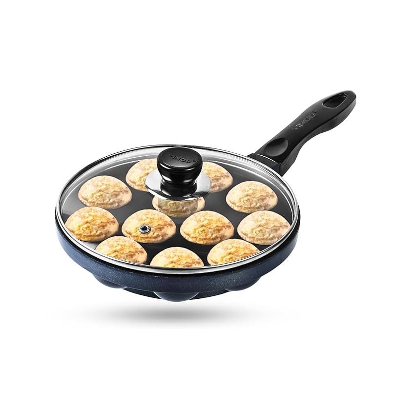 Vinod Zest Aluminium Non Stick Paniyarakal With Glass Lid - 12 Cavities, 20.5Cm | 3Mm Thick | 3 Layer Coating | Metal Spoon Friendly |Toxin Free | 1 Year Warranty - Black
