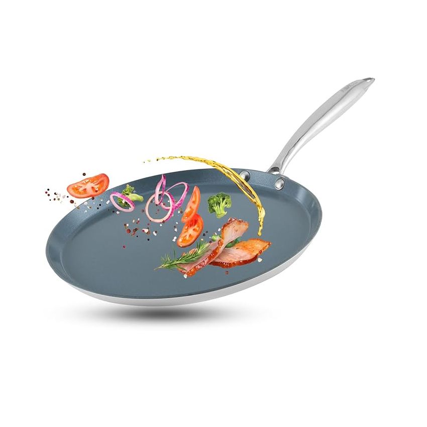 Vinod SAS Ceramica Platinum Triply Stainless Steel Dosa Tawa - 28 cm | 4.0 mm Thick | Natural Stick Free| Metal Spoon Friendly | Stylish Handle | Induction Base - 5 Year Warranty