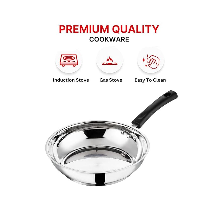 Vinod Stainless Steel Frypan - 24 cm | Skillet Pan for Frying | SAS Bottom | Cool Touch Bakelite Handle | Induction and Gas Base| 2 Year Warranty - Silver