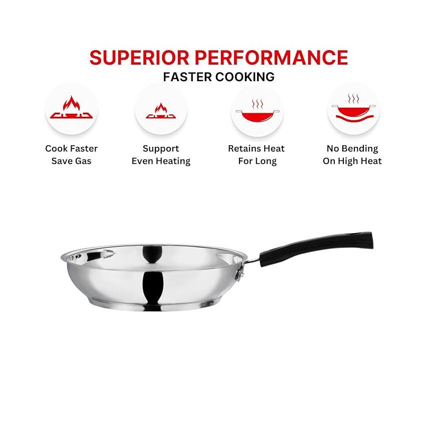Vinod Stainless Steel Frypan - 24 cm | Skillet Pan for Frying | SAS Bottom | Cool Touch Bakelite Handle | Induction and Gas Base| 2 Year Warranty - Silver