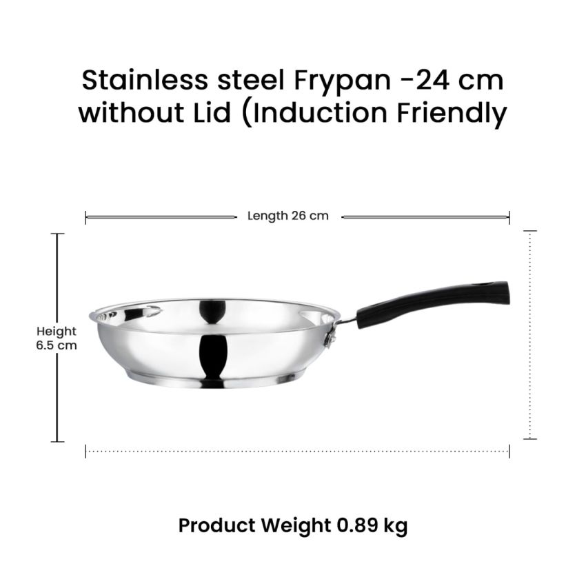Vinod Stainless Steel Frypan - 24 cm | Skillet Pan for Frying | SAS Bottom | Cool Touch Bakelite Handle | Induction and Gas Base| 2 Year Warranty - Silver