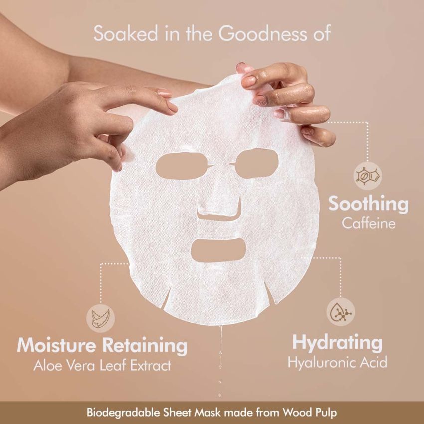 mCaffeine Green Tea & Coffee Sheet Masks with Vitamin C, Hyaluronic Acid, Niacinamide, Coconut Water & Fruit AHA Mix for Hydrated & Glowing Skin| Face Sheet Masks for Women & Men - Pack of 6 | 120g