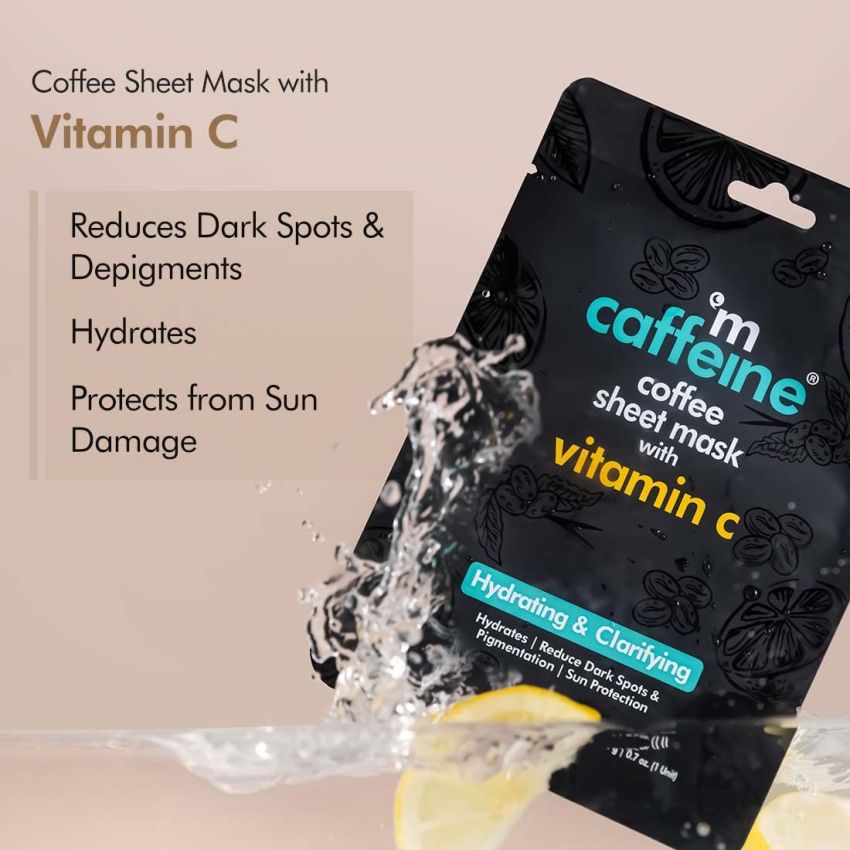 mCaffeine Vitamin C, Hyaluronic Acid & Coconut Water Sheet Masks with Coffee for Glowing Skin | Reduces Dark Spots, Hydrates & Deeply Moisturizes | Face Sheet Masks for Women & Men - Pack of 3 | 60g