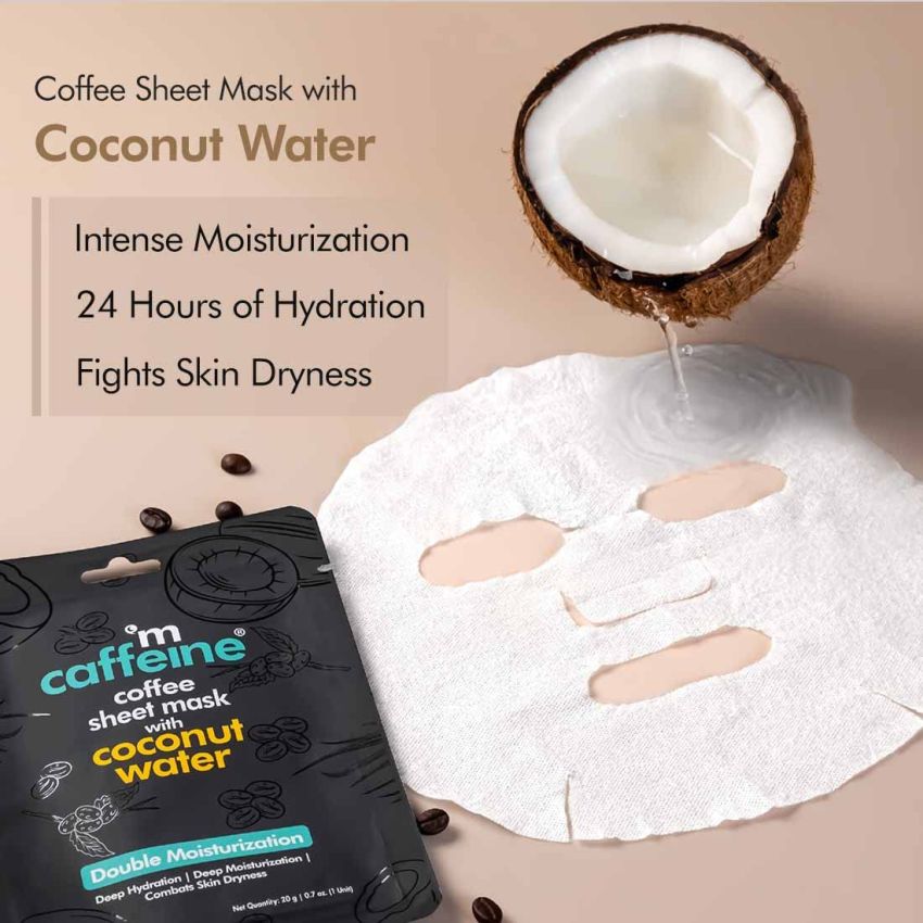 mCaffeine Vitamin C, Hyaluronic Acid & Coconut Water Sheet Masks with Coffee for Glowing Skin | Reduces Dark Spots, Hydrates & Deeply Moisturizes | Face Sheet Masks for Women & Men - Pack of 3 | 60g