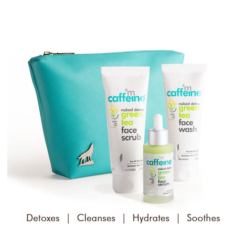 mCaffeine Skincare Kit for Women & Men with Vitamin C Face Serum, Face Wash & Face Scrub | Green Tea Detox Facial Kit with Free Makeup Pouch | Skincare Routine Kit for All Skin Types